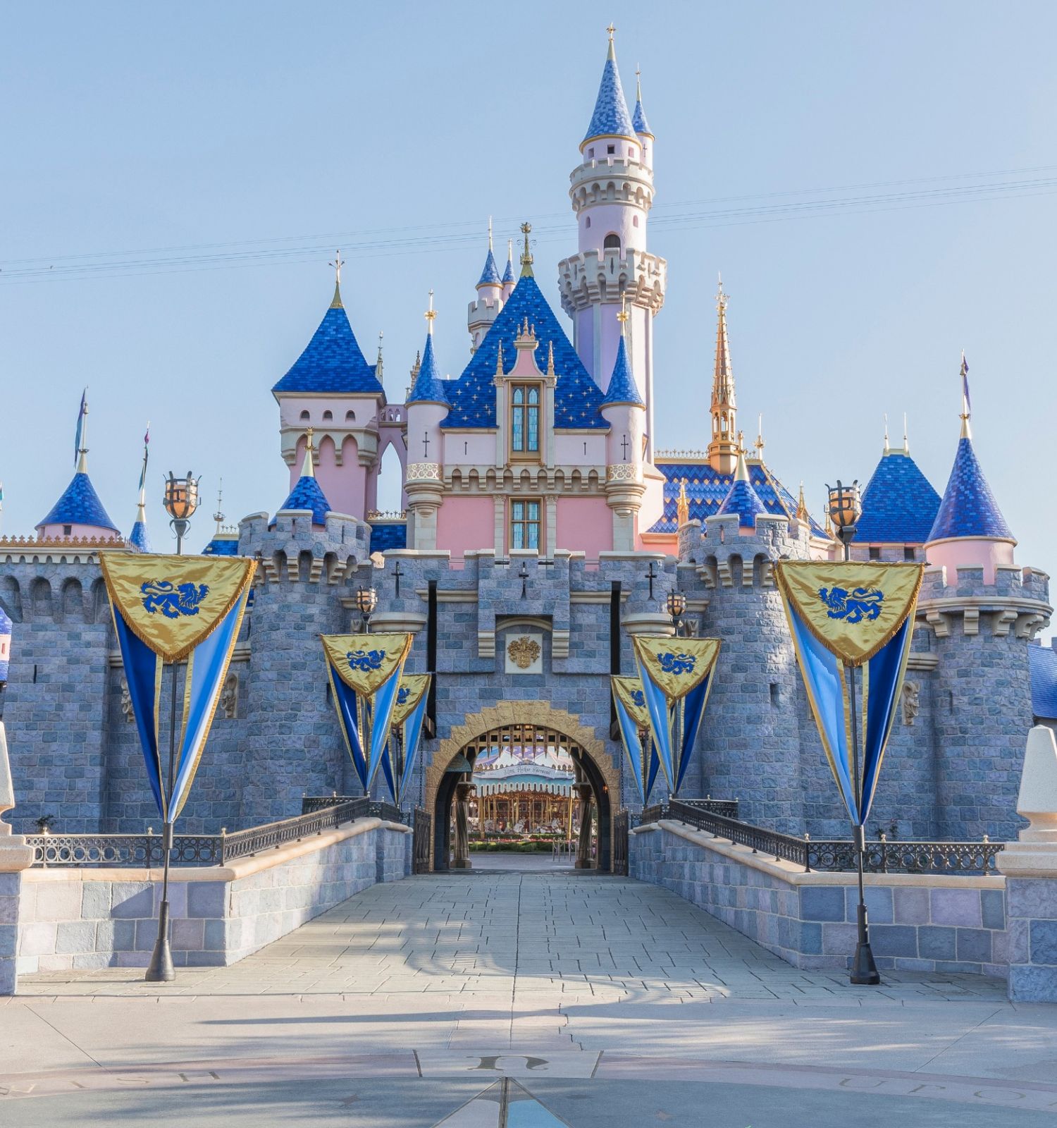 The image features a majestic castle with blue spires, decorative banners, and an arched entrance, likely located in a theme park setting.