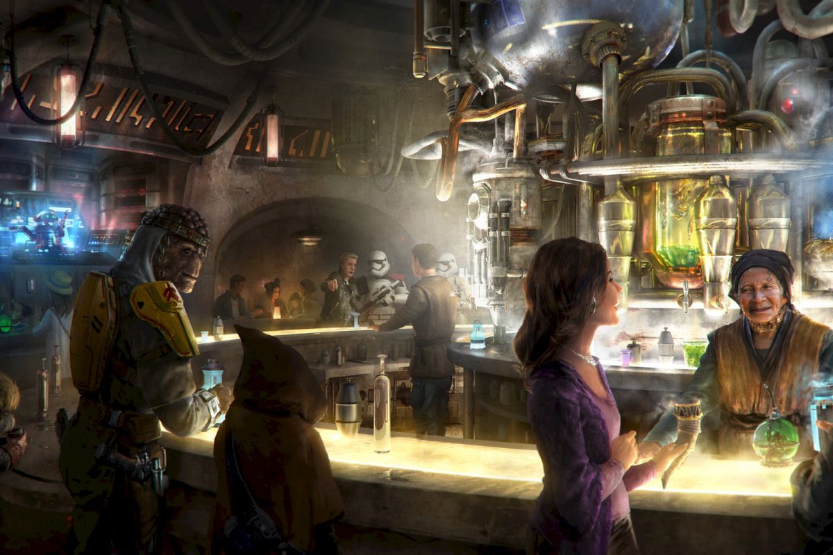 The image shows a futuristic bar scene with various characters, including humans and aliens, interacting and drinking under vibrant lighting.