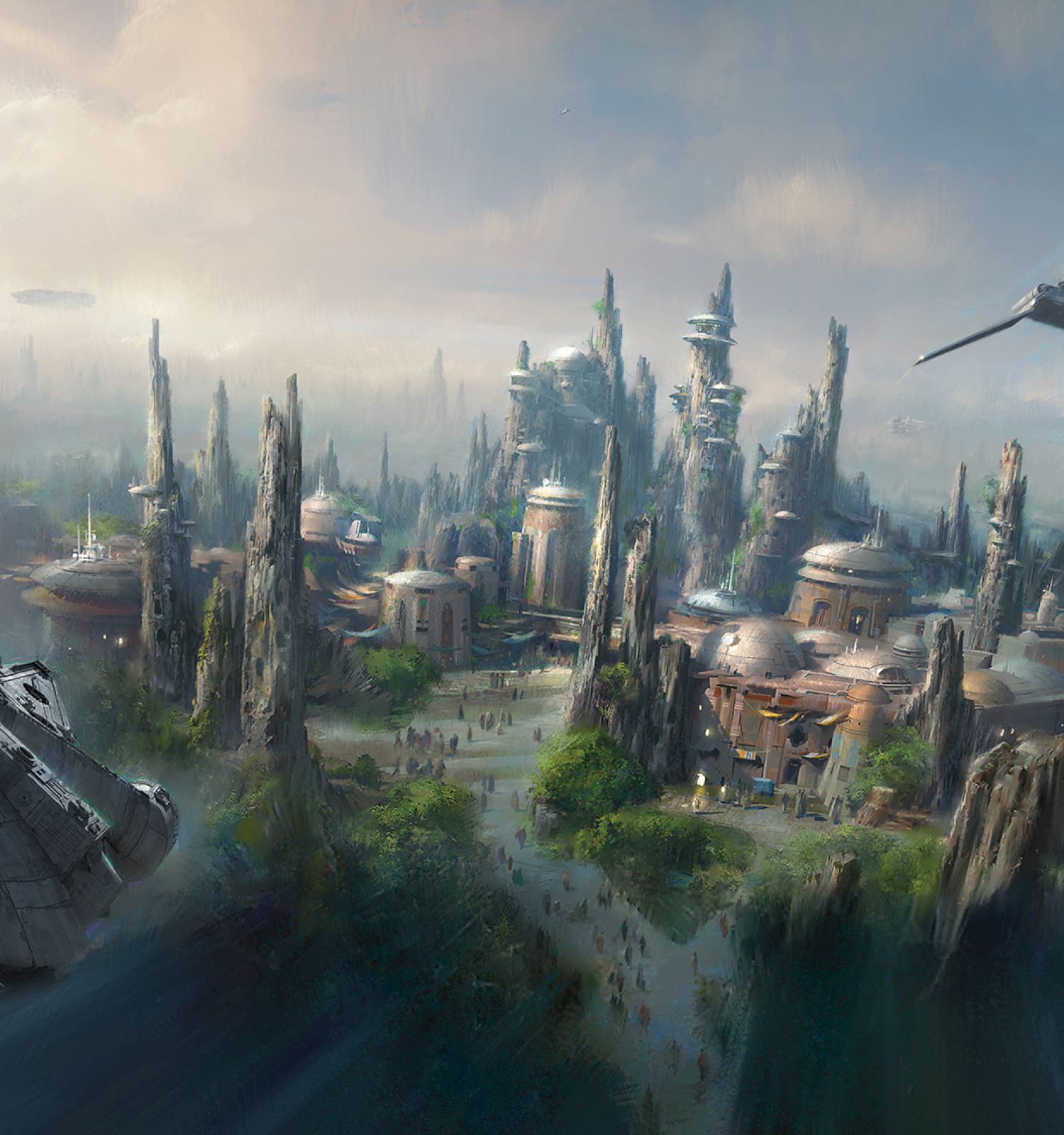 The image depicts a futuristic city with towering structures, spaceships flying above, and lush greenery below, creating a sci-fi atmosphere.