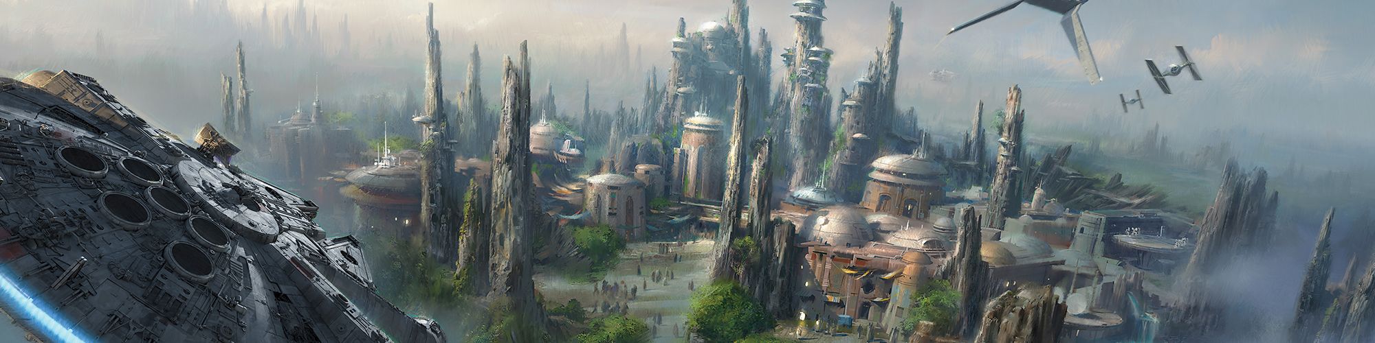 The image depicts a futuristic cityscape with iconic spaceships flying overhead against a backdrop of rocky spires and lush greenery, suggesting a sci-fi theme.