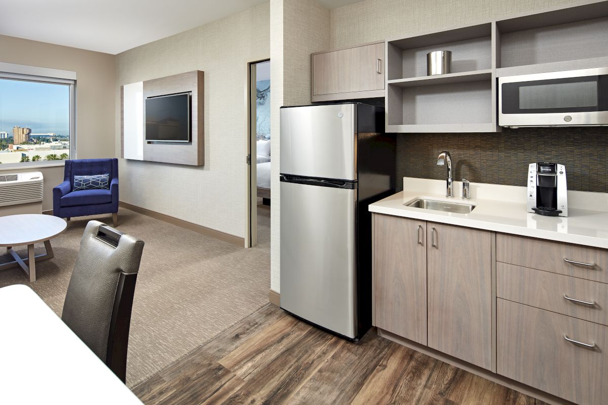 Guestroom kitchenette and living area